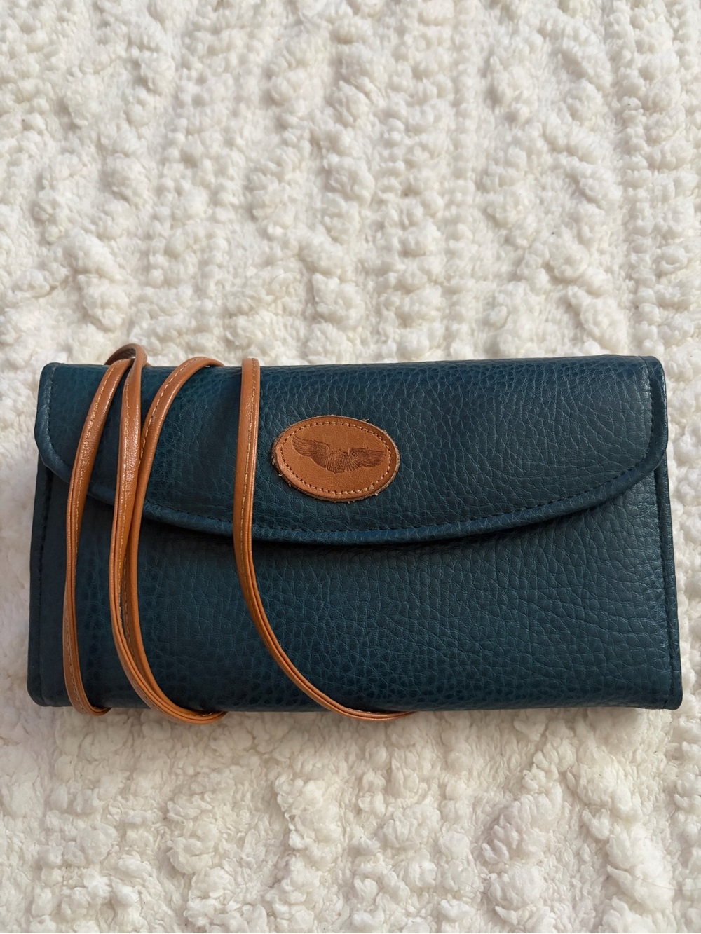 Teal Leather Crossbody Clutch with Tan Trim